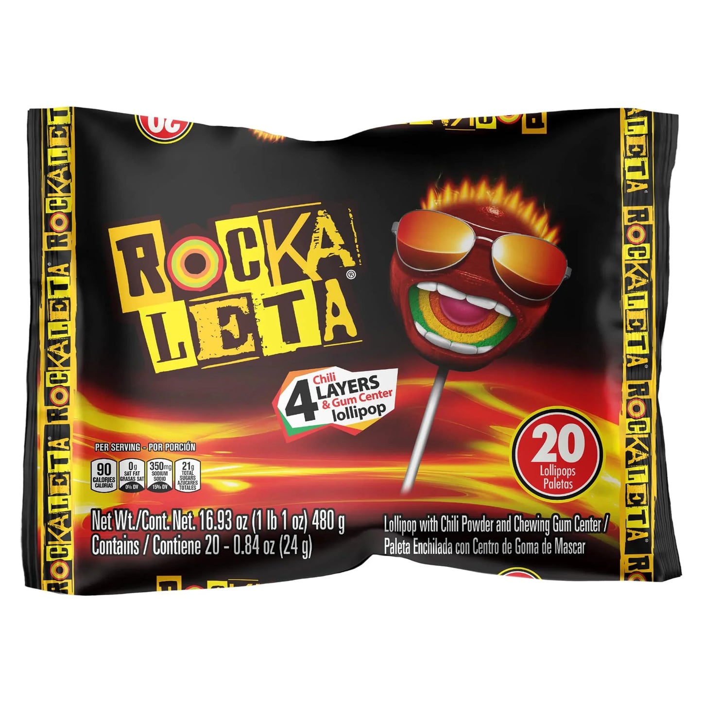 RockaLeta 4 Chilli Layers & Gum Center Lollypop 20pc x 20g (Mexico)