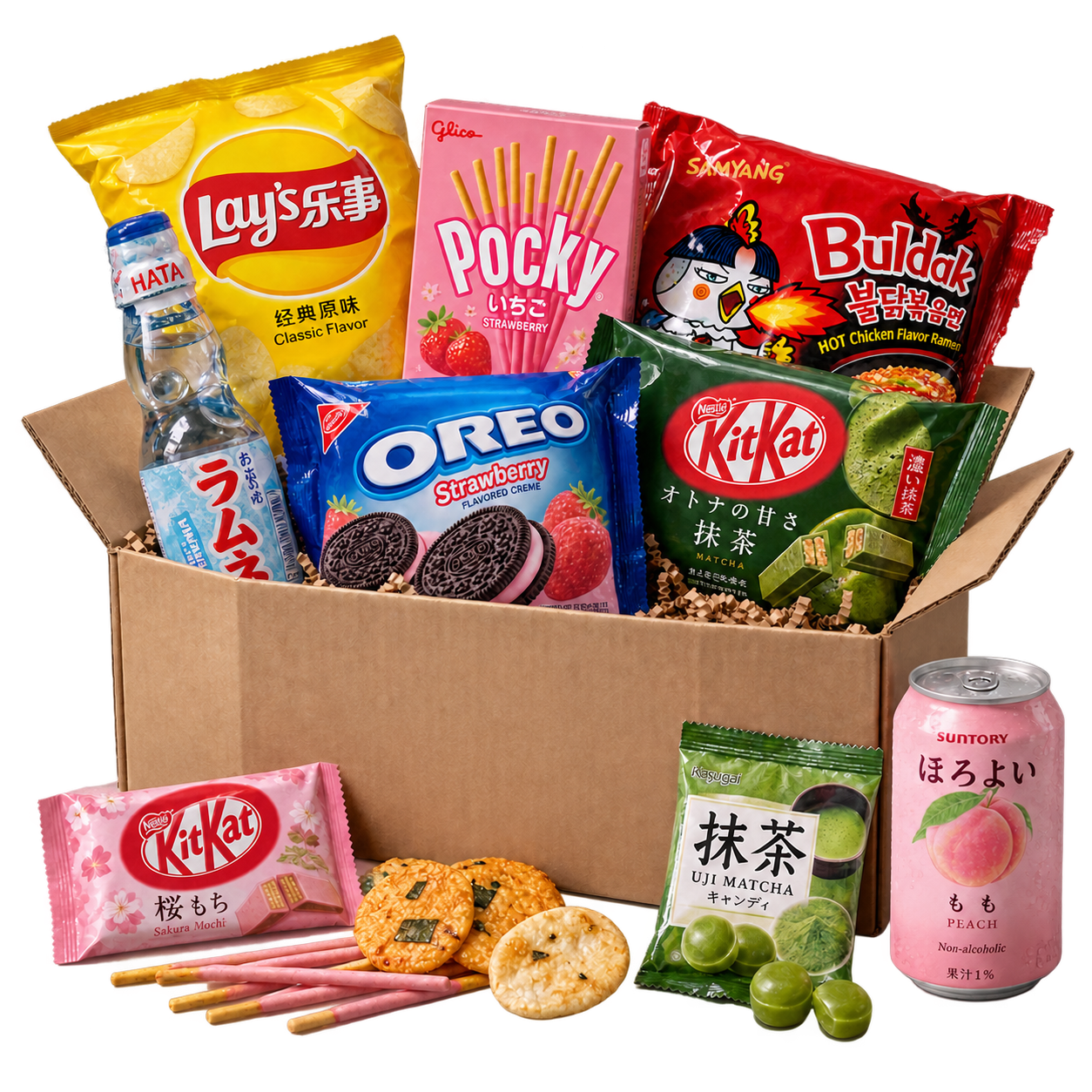 A kraft Snack Safari box filled with exotic chips, sweets and drinks